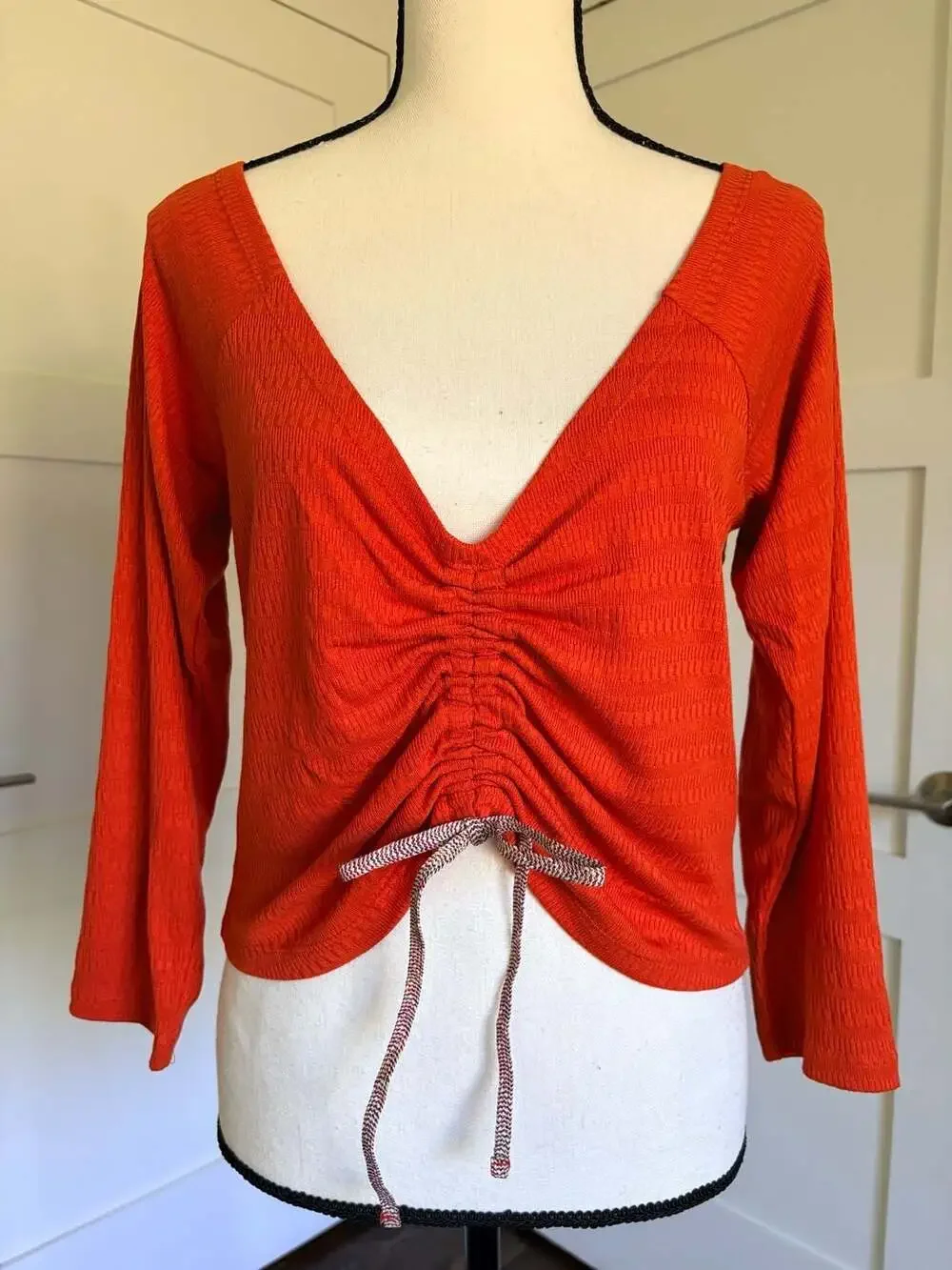 Anthropologie Ruched Front Long Sleeve Crop Top Orange Ladies Size L